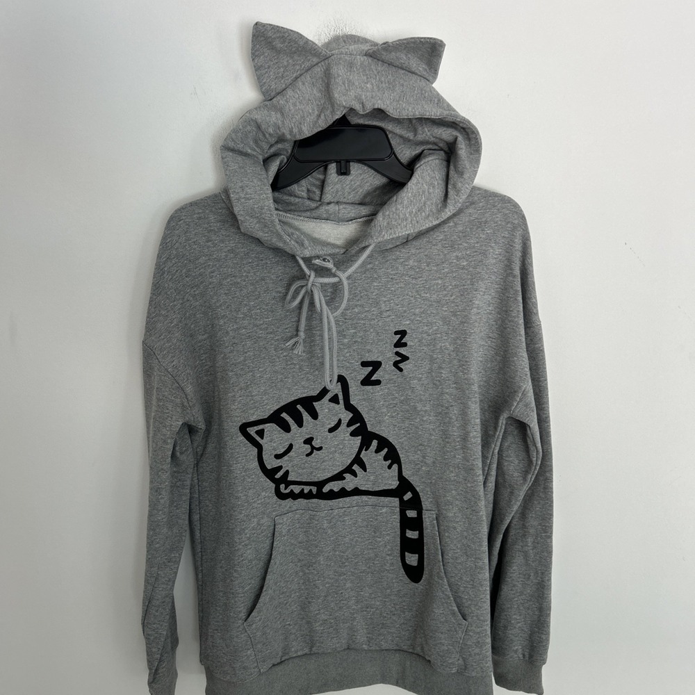 Gray Long Sleeve Kitty Sleeping Hoodie Cat Ears Front Pockets Size S/M NWOT